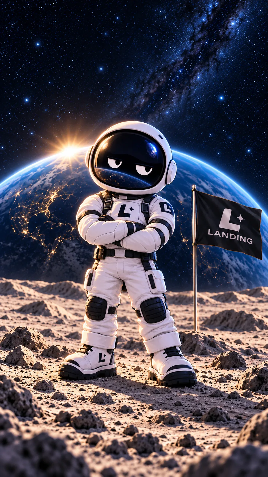 LANDING's unimpressed astronaut standing beside a LANDING flag